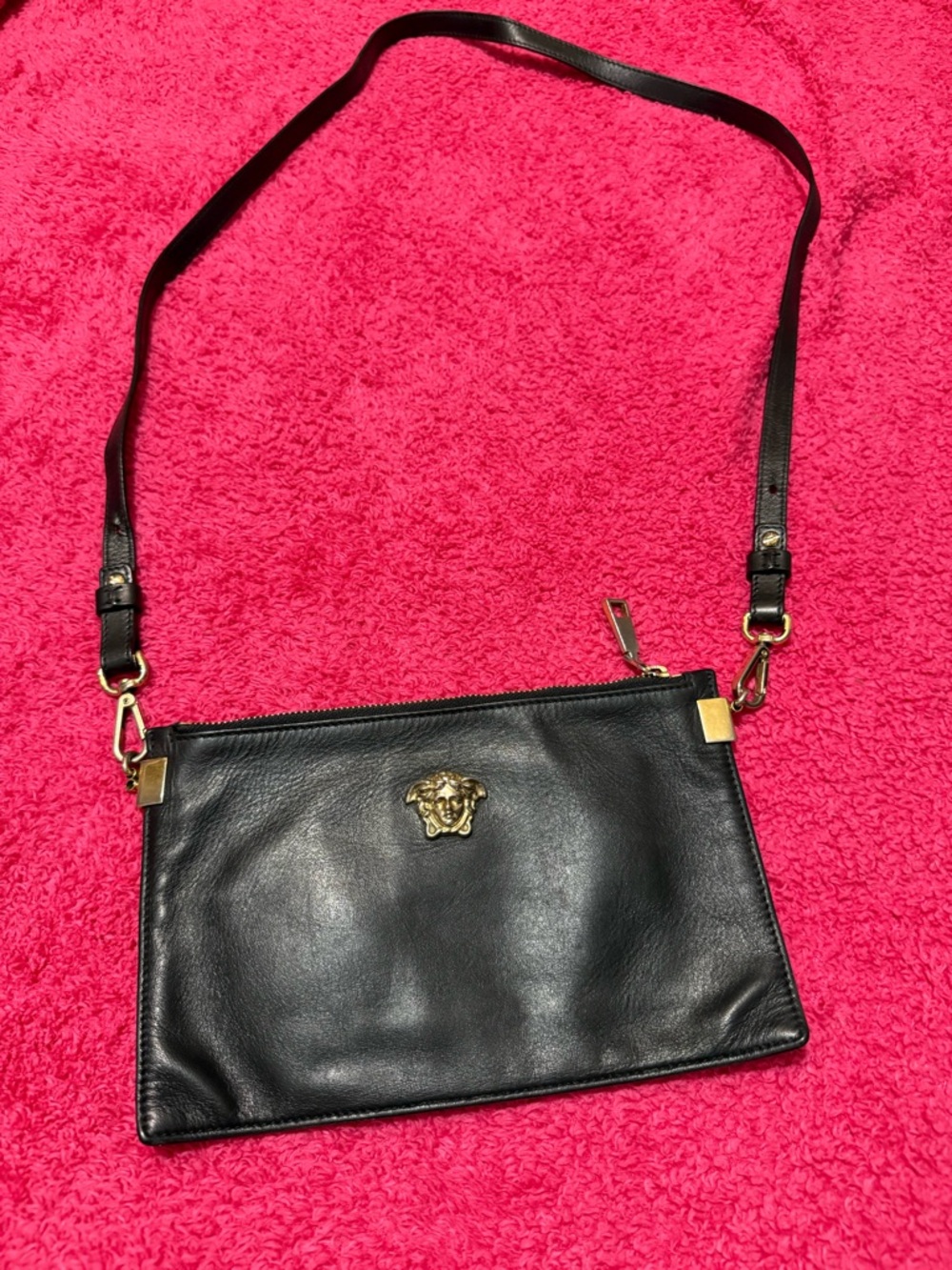 Black Leather Crossbody Bag with Gold Medusa Emblem